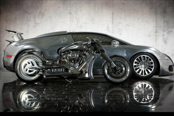 Motorbike and Bugatti car in grey