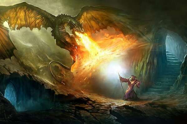 A sorcerer fights a fire dragon