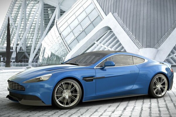 Bleu Aston Martin Vanquish sur fond d architecture High-tech