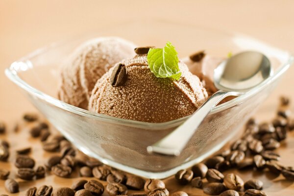 Gelato al cioccolato cosparso di caffè e guarnito con menta