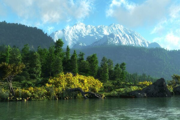 Montañas bosque río pintura