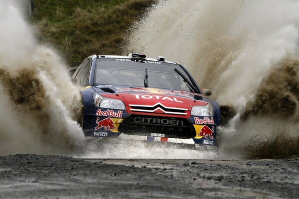 Citroen red rides through a puddle and splashes in different directions