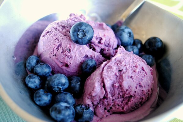 Purple berry ice cream sprinkled with blueberries