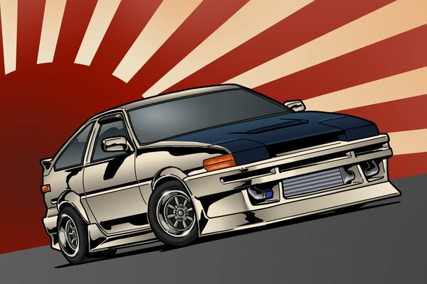 Imagen del toyota corolla AE86 en el fondo de la bandera