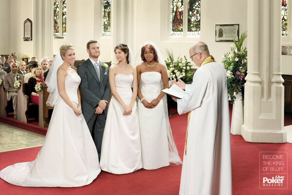 A wedding takes place in a church with three brides