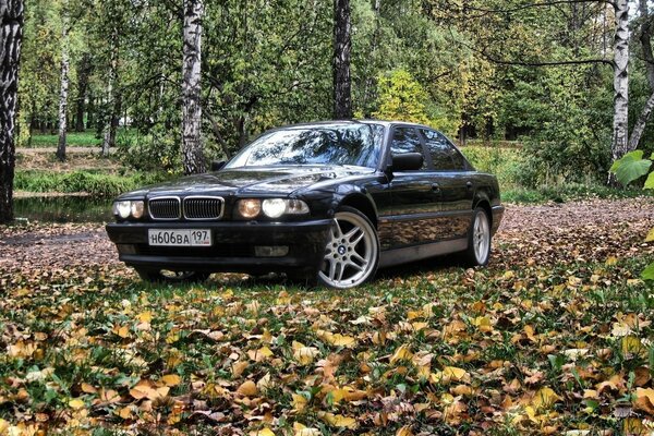 Czarne bmw 7 e38 na tle jesiennego lasu