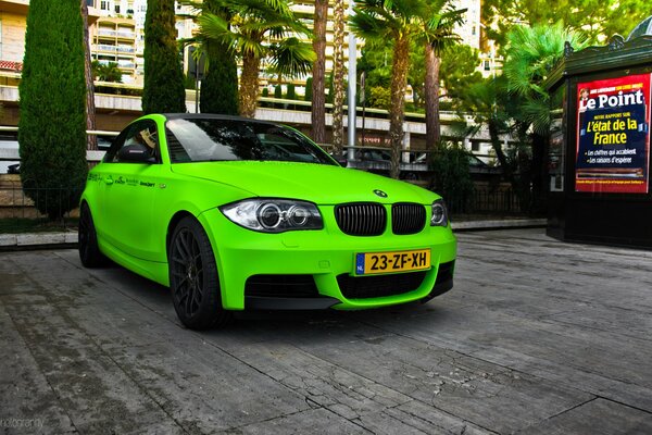 Verde BMW M1 coupé verde in Francia su uno sfondo di alberi