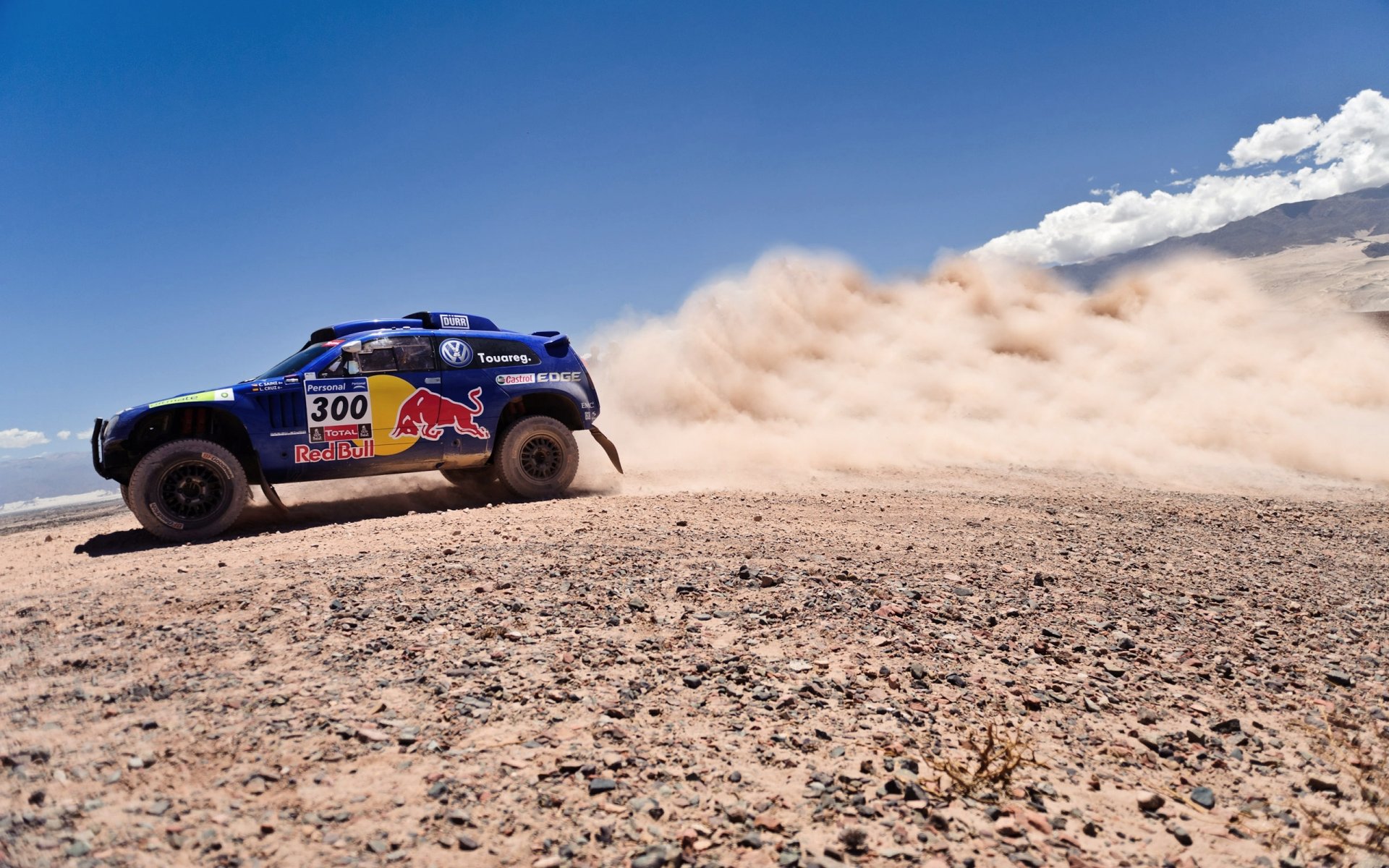 volkswagen touareg suv dakar rally sky blue red bull dust