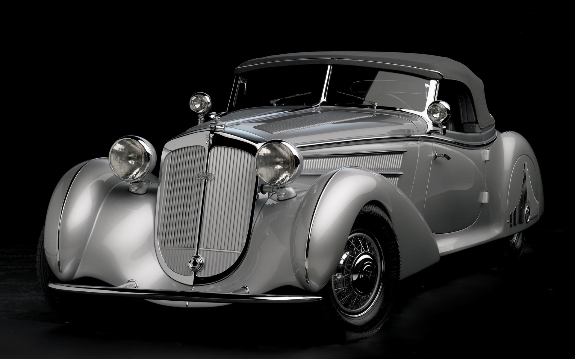 horch roadster speciale da erdman & amp; rossi 1938 roadster anteriore argento retrò bella macchina crepuscolo