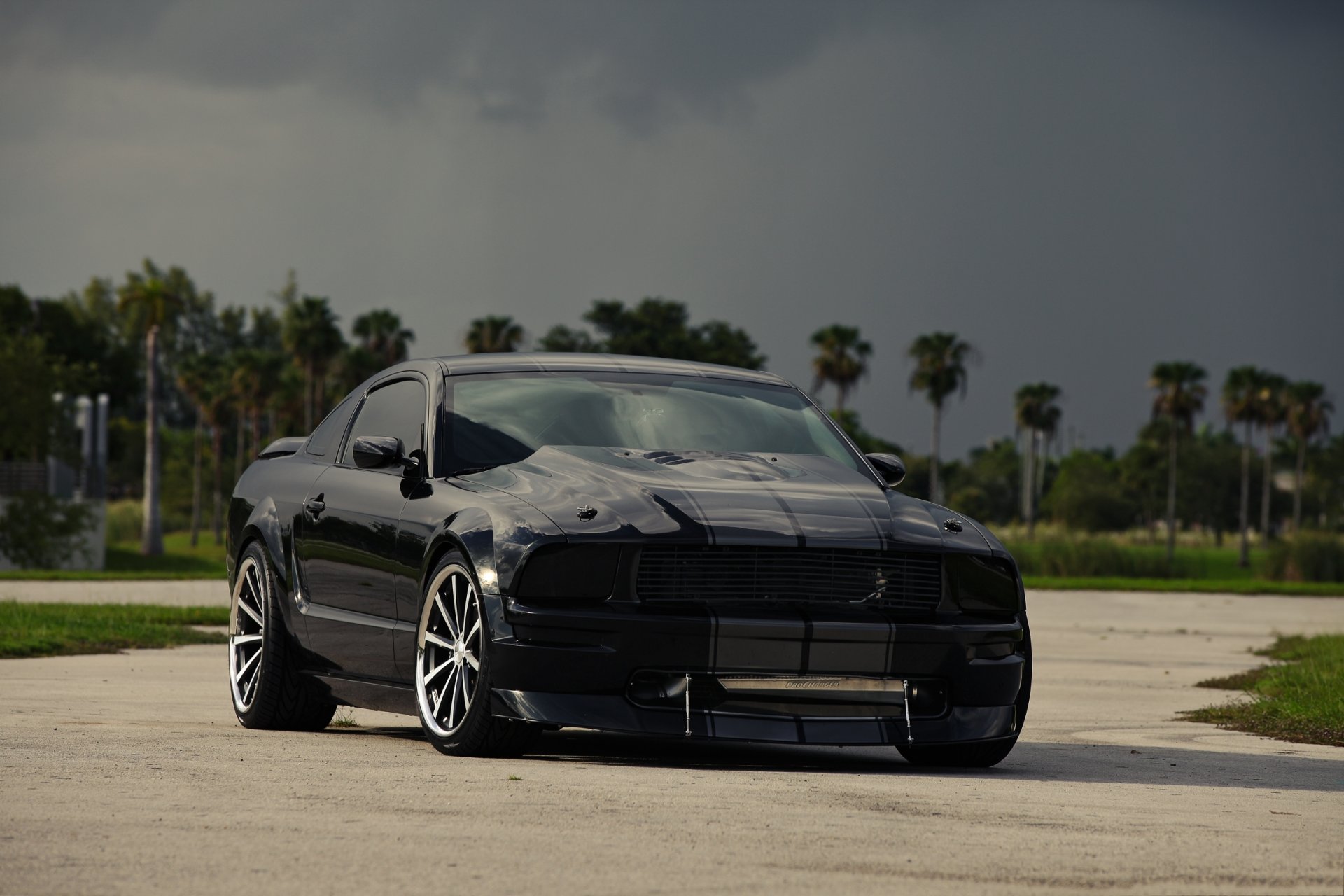 ford mustang schwarz getönt himmel wolken felgen vorderansicht