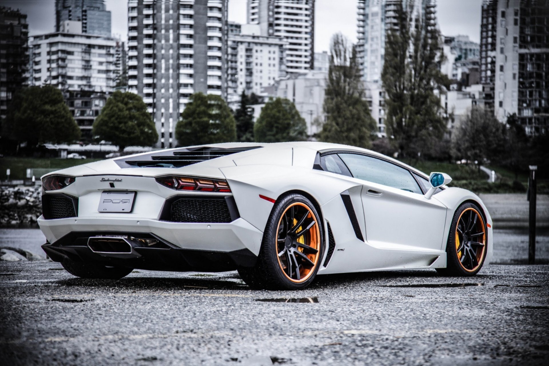 lamborghini aventador lp700-4 white wheels lamborghini aventador rear view wheels street houses tree