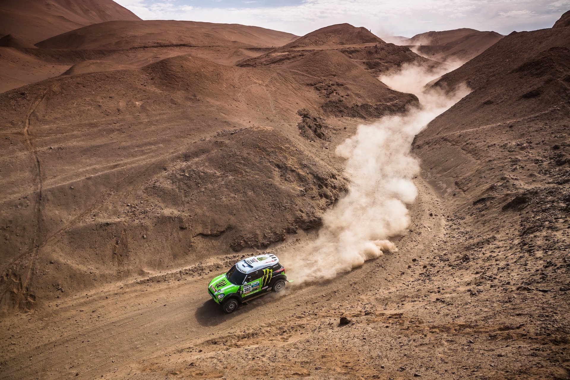 mini cooper mini mini cooper dakar rally vista superior polvo verde carrera deporte auto suv coche colinas desierto