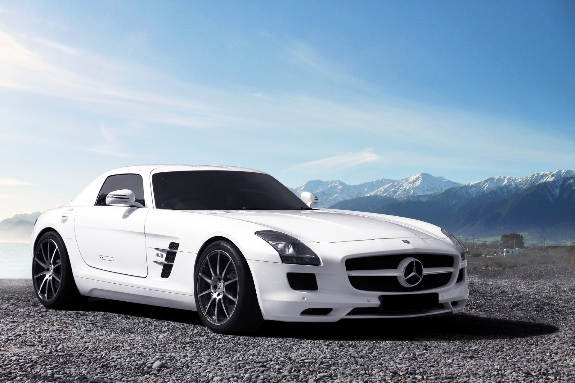 mercedes-benz sls amg белый передние мерседес бенц небо горы горизонт