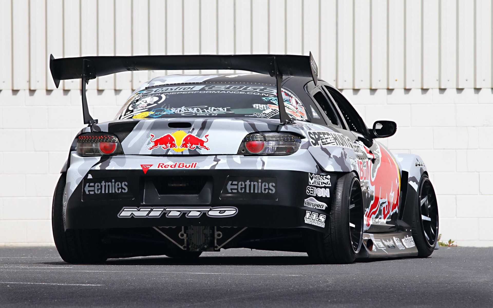 mazda rx-8 drift tuning sports car red bull racing competition widebody spoiler rim