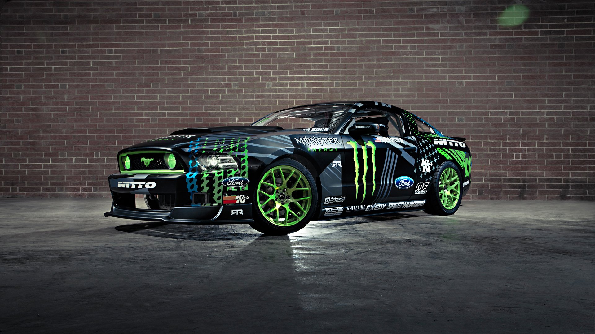 ford mustang rtr dérive won jittin jr monster energy concours voiture de sport noir vert mur