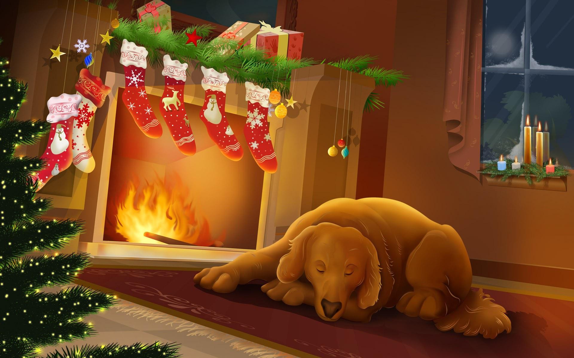 new year christmas night fireplace heat dog