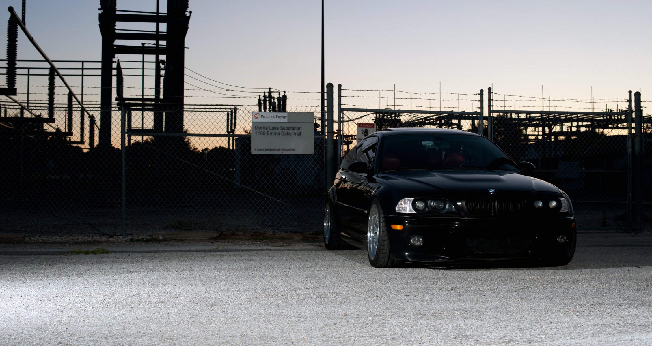 bmw m3 e46 black tuning bmw coupe front view fence substation evening sky