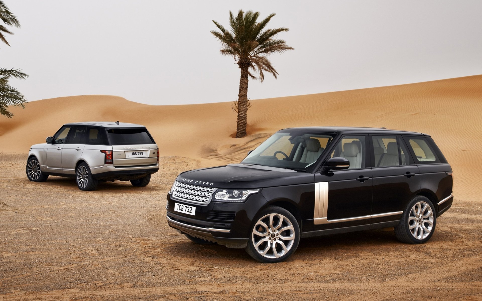 land rover range rover land rover range rover jeep suv front rear view silver sand desert palm trees sky