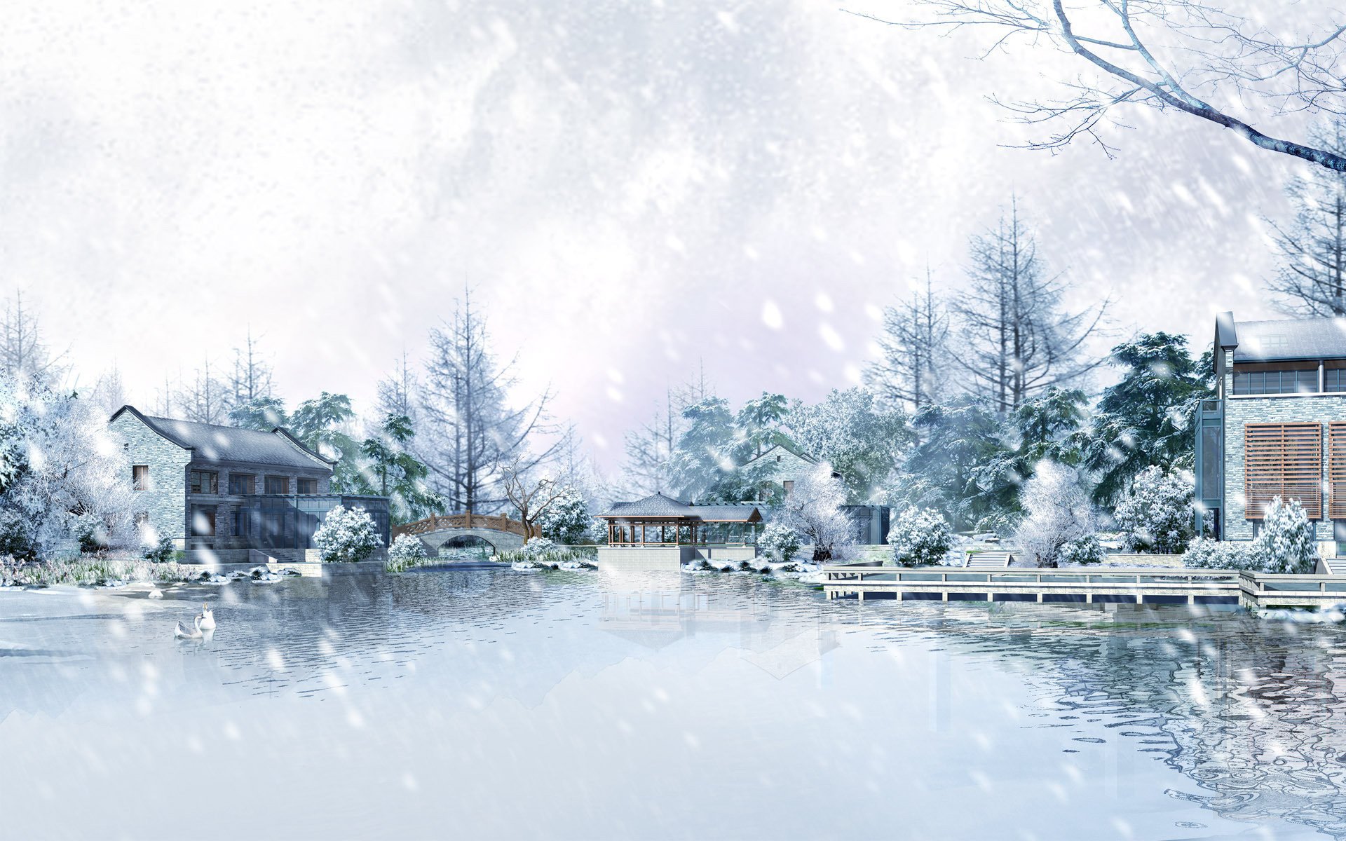 nature winter trees snowflakes ice snow house cold