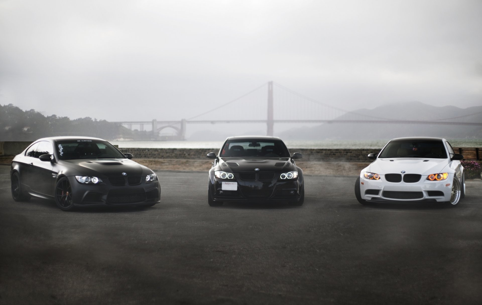 bmw m3 e92 white matte black 330i e90 black golden gate bridge bmw coupe sedan matte black front view fog