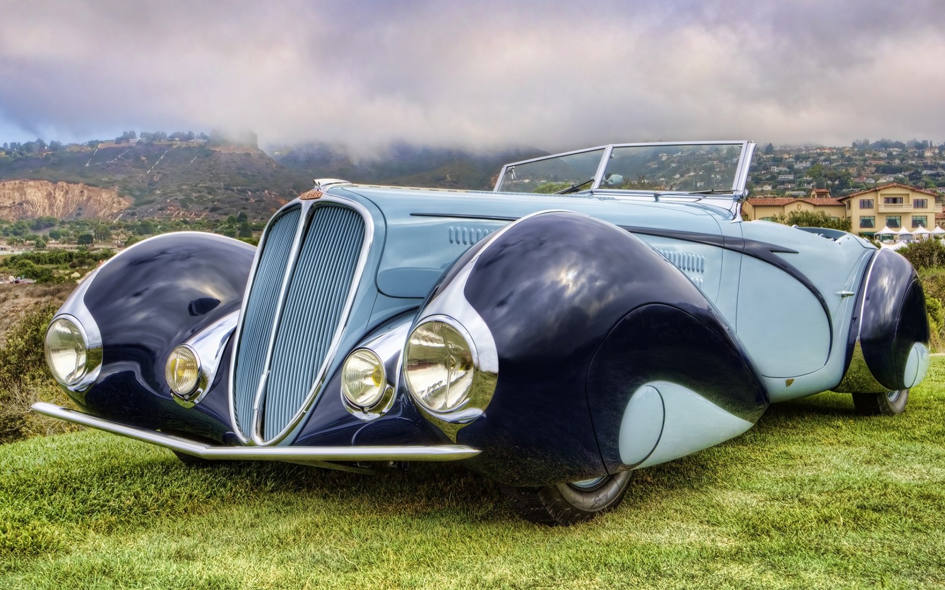 delahaye 135m кабриолет по figoni&фаласки 1937 делай передок ретро красивая машина небо фон