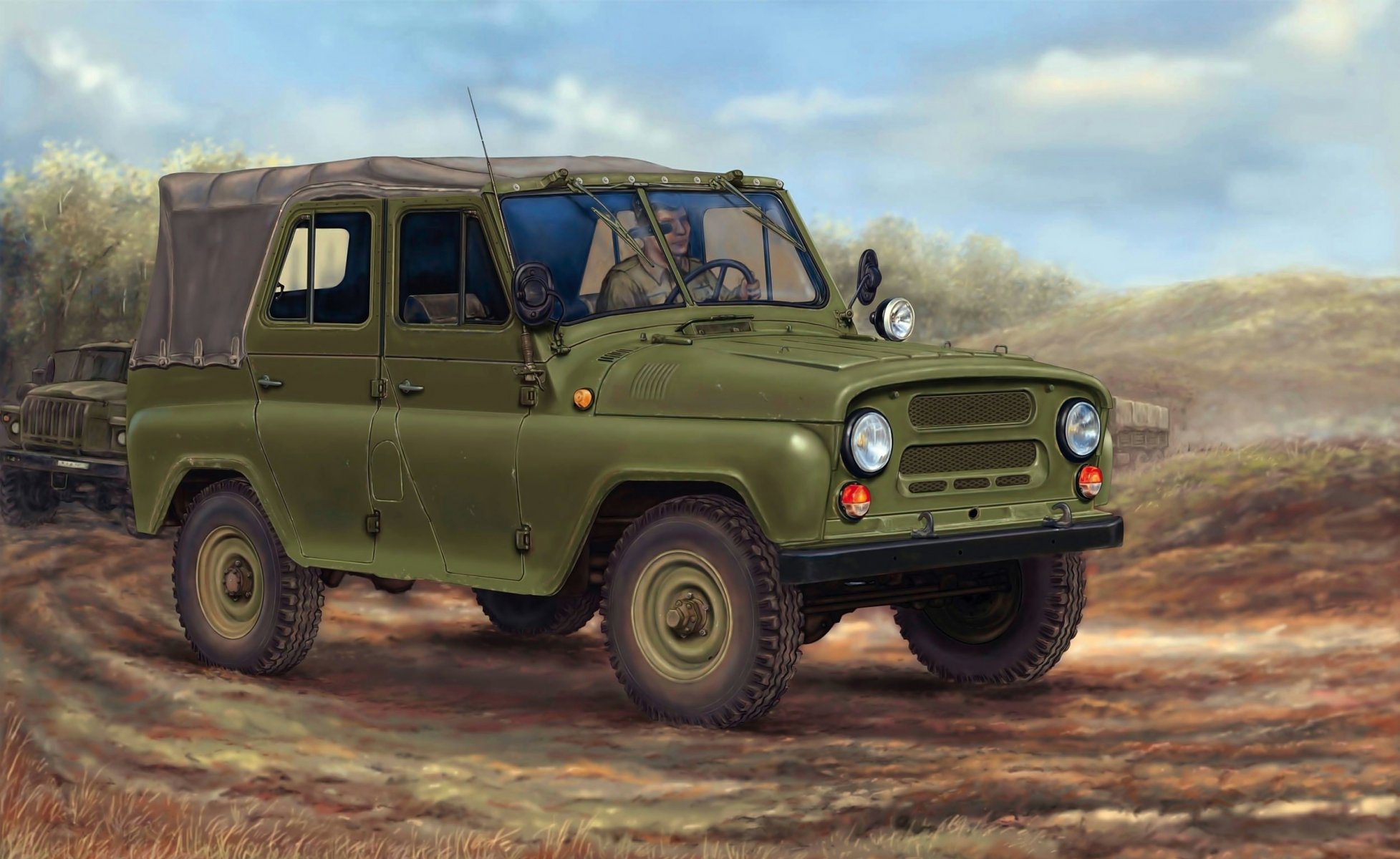 uaz-469 soviet army suv vehicles machine column art