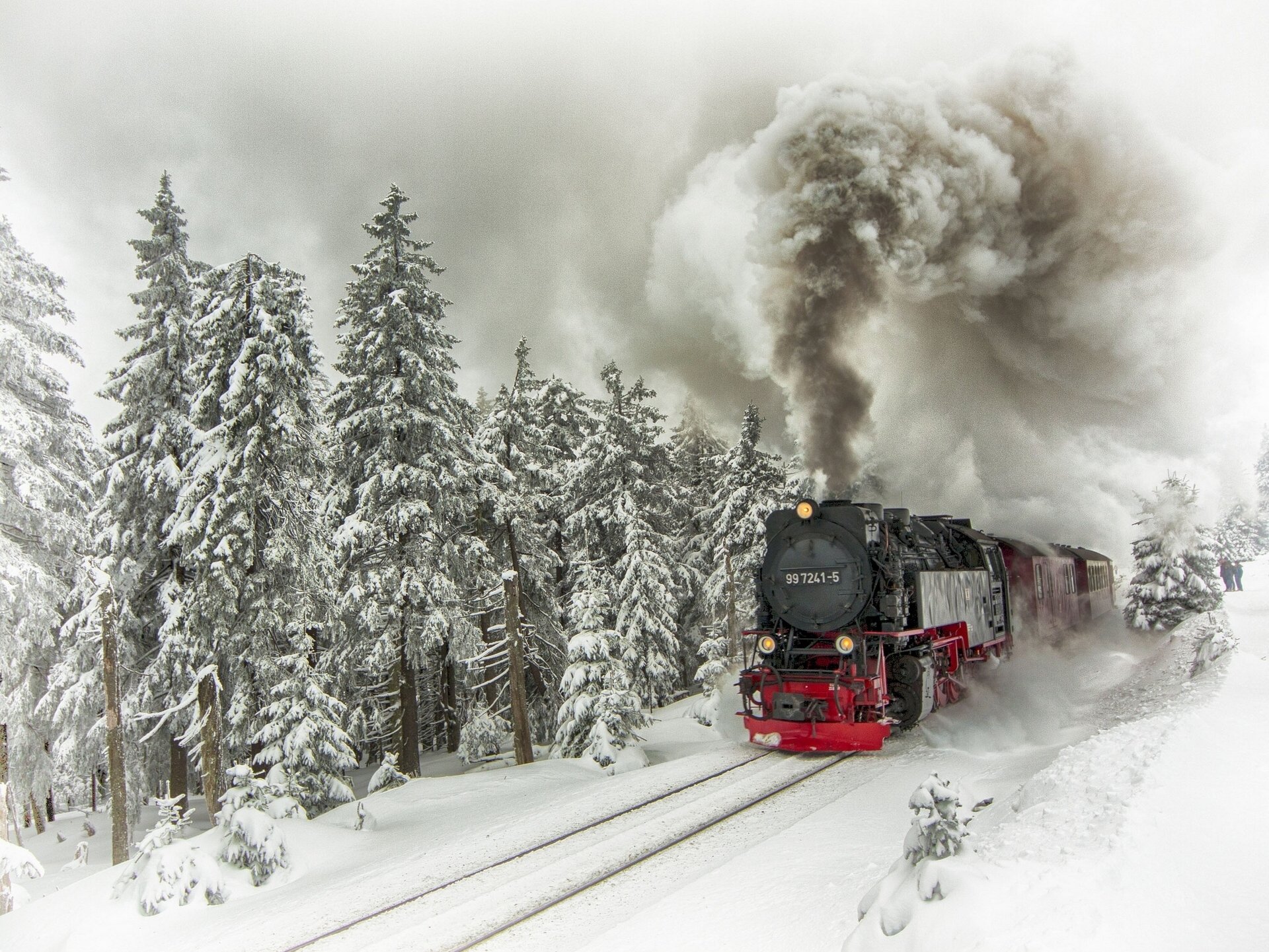 locomotiva treno composizione inverno neve alberi abete rosso rotaie fumo