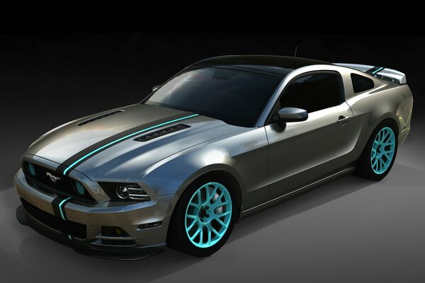 Ford Mustang grey matte with blue wheels