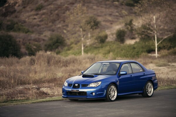 Blue Subaru Impreza on the background of mountainous terrain and arid grass