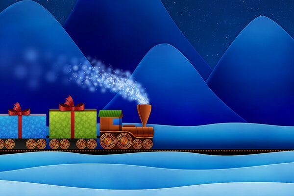 Panoramic drawing of a steam locomotive with gifts for good children