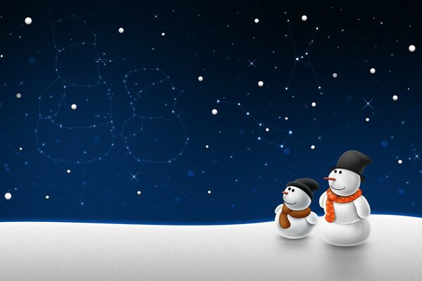 Deux bonhommes de neige regardent la nuit sur leurs propres constellations