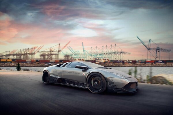 In front of the construction site by the Lamborghini river front view