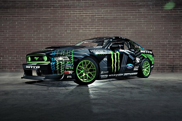 Ford Mustang with green wheels on a brick wall background