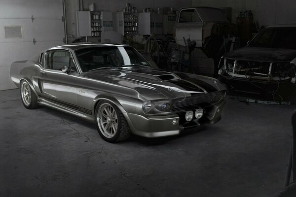 Grey Ford Mustang GT500 car in the garage