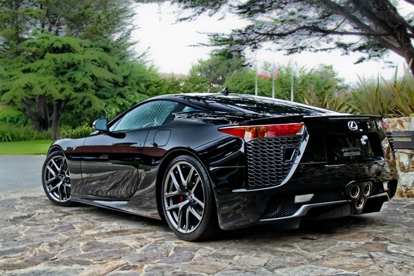 Black Lexus supercar on a country road