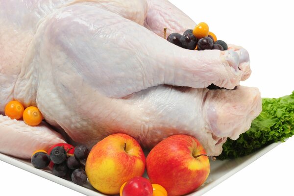 On a white background, chicken with herbs and fruits