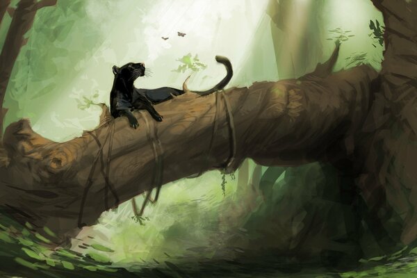 Black panther is lying on a log in the jungle