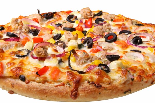 Pizza with olives, cheese and onions