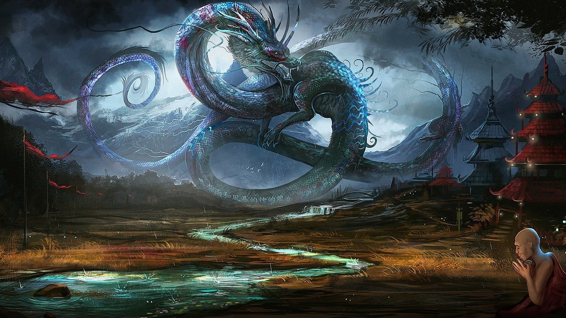 asia buddhist temple rain mountains male river dragon