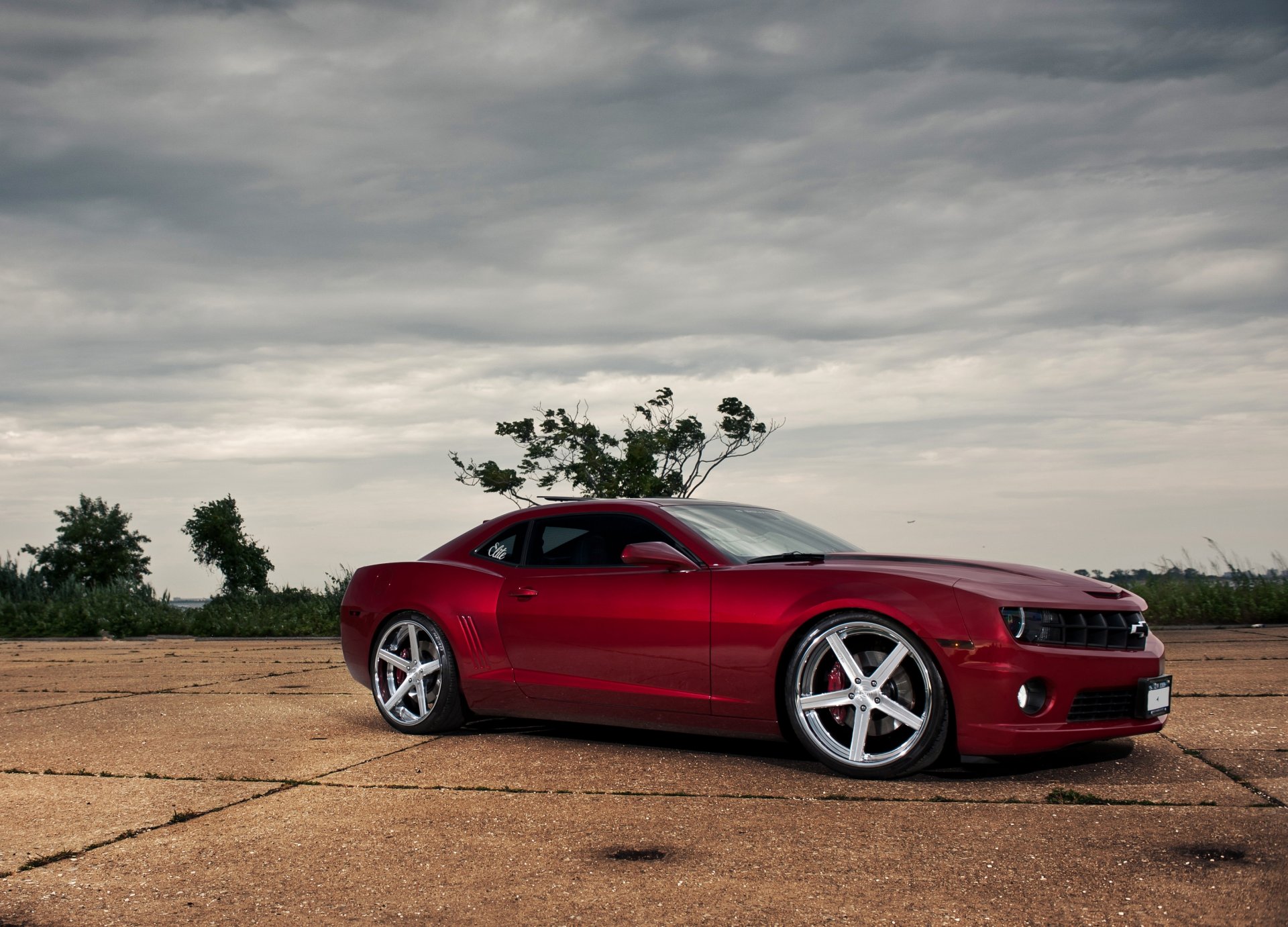 chevrolet camaro ss rosso chevrolet camaro ss rosso vista laterale alberi cespugli