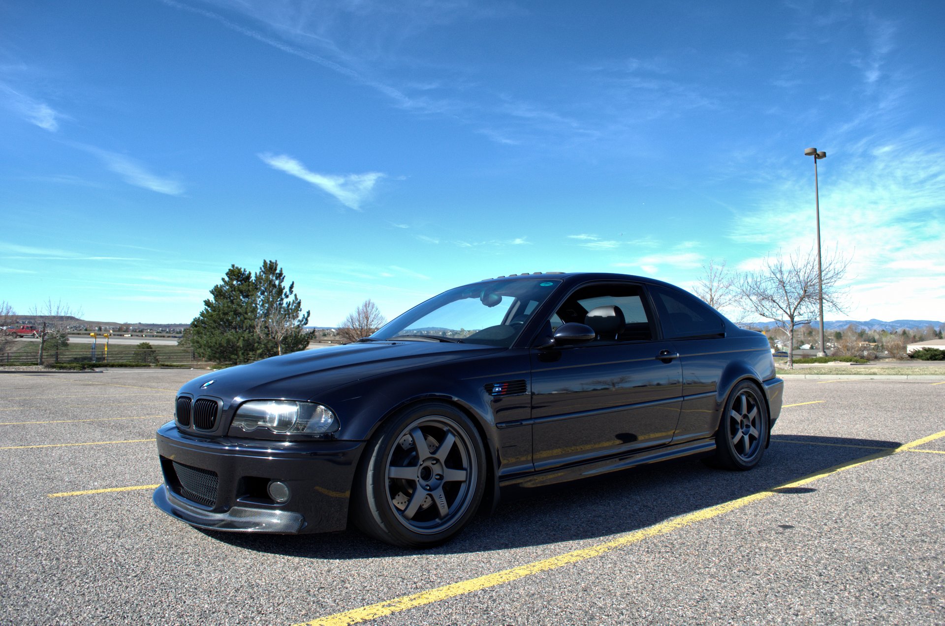 bmw m3 e46 schwarz räder bäume bmw coupé felgen laterne himmel wolken