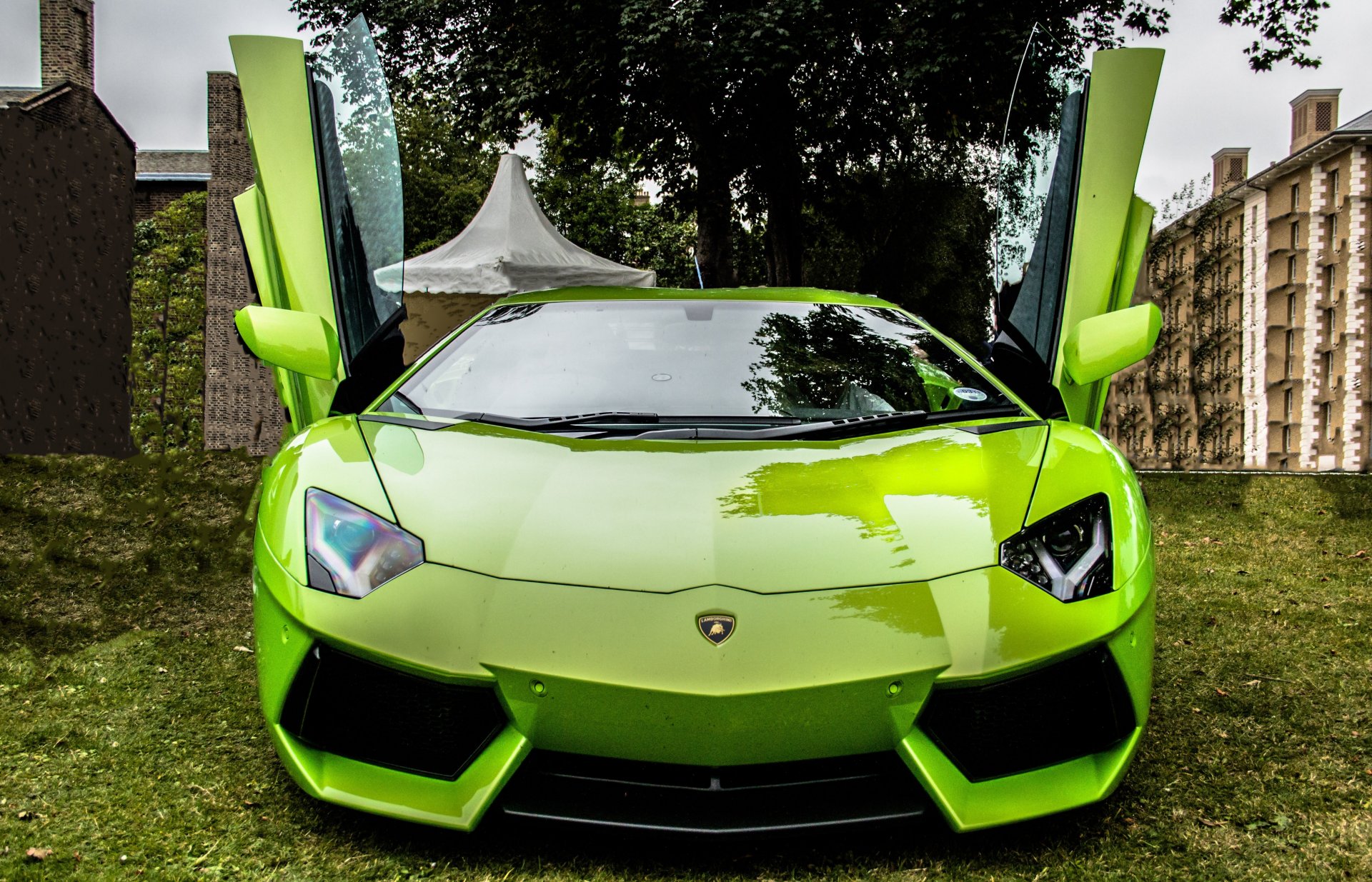 lamborghini aventador lp700-4 verde lamborghini aventador anteriore porte ghigliottina riflessione alberi