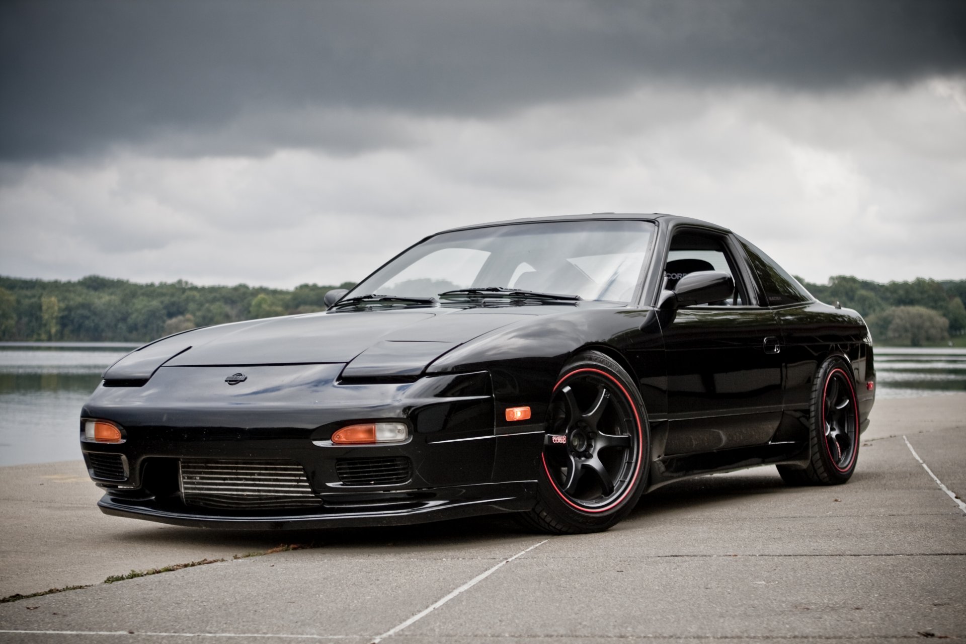 nissan 240sx roues noir nissan 240s x jantes ciel nuages lac arbres