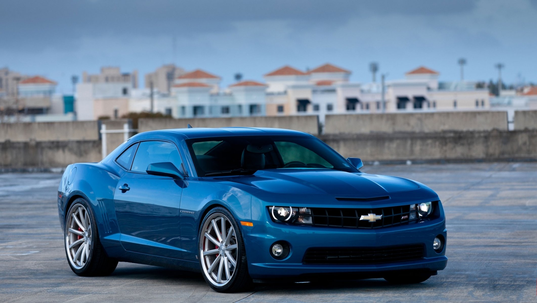 chevrolet camaro ss blue city chevrolet camaro ss front view roof buildings sky cloud