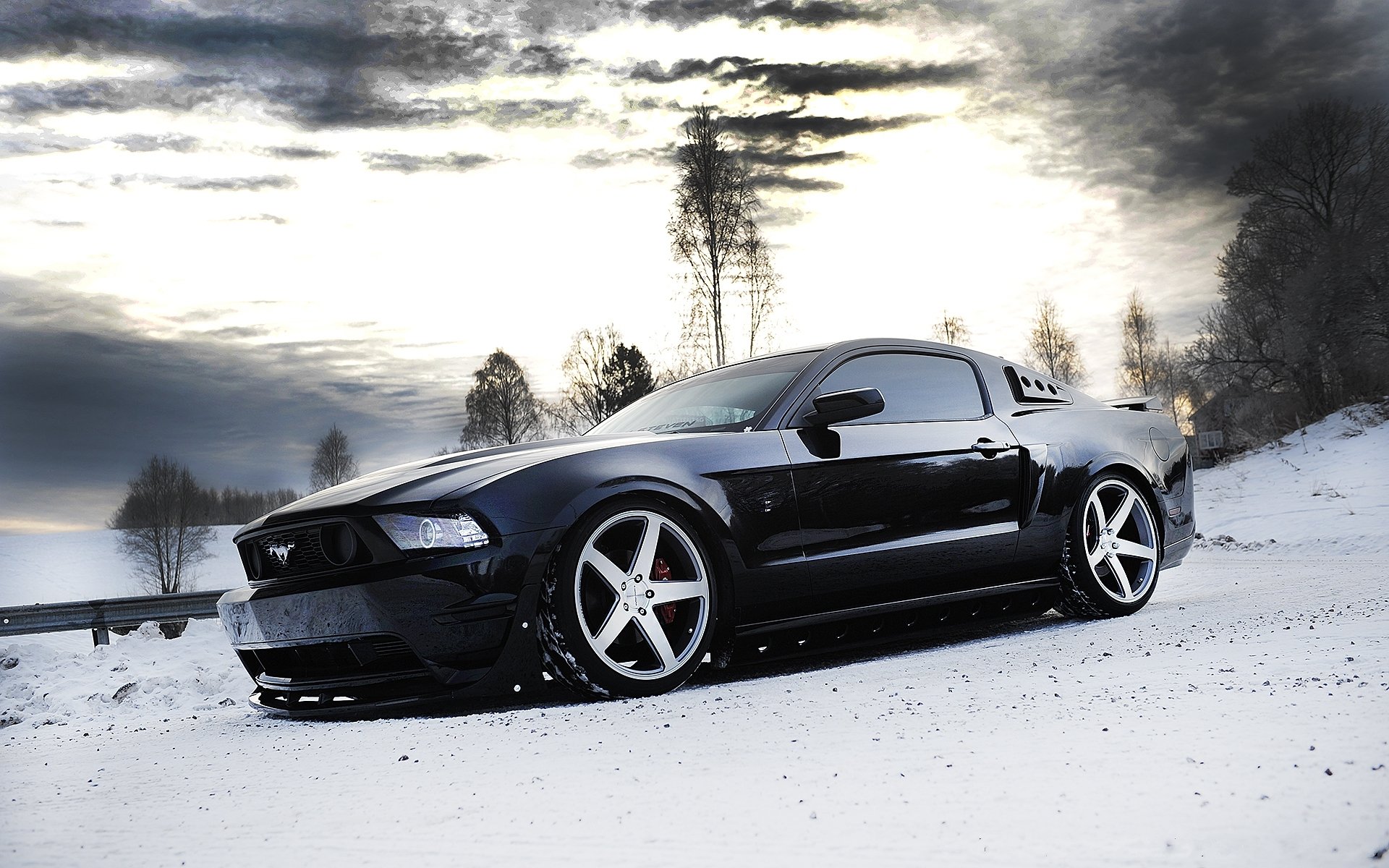 ford mustang schwarz räder winter schnee seitenansicht felgen winter himmel wolken bäume