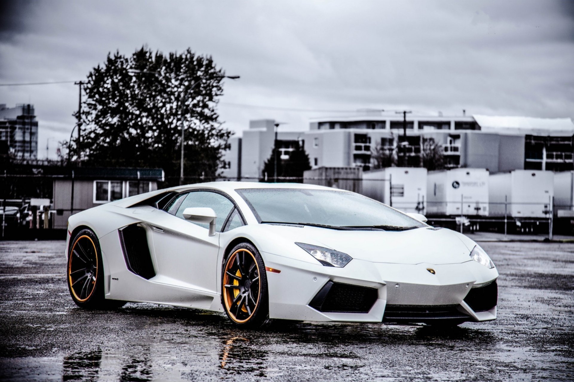 lamborghini aventador lp700-4 bianco ruote nero lamborghini aventador vista frontale luce del faro cerchi neri cielo nuvole bagnato asfalto