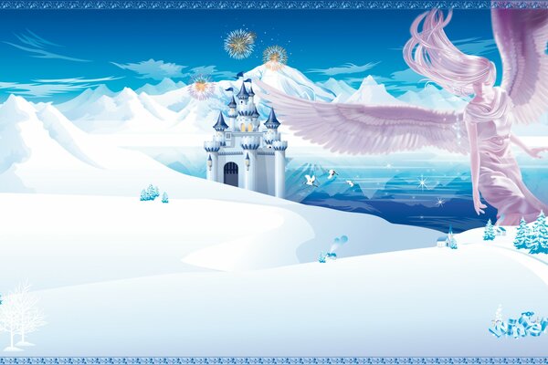 An angel descends from a snow-covered castle