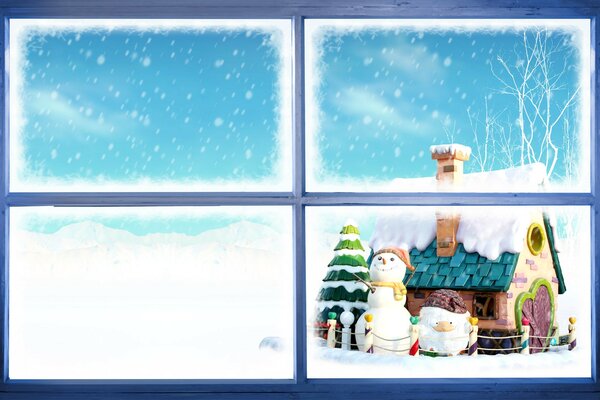 Snowman and Santa Claus in the window