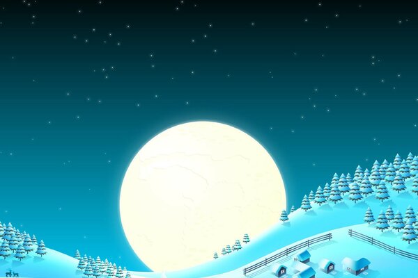 A village in the snow on the background of a huge moon