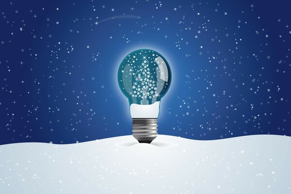 A lamp with a Christmas tree made of snowflakes on the background of a starry sky and white snow